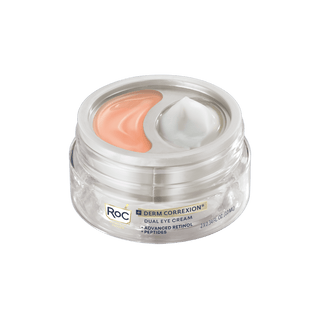 Image of Derm Correxion Dual Eye Cream jar showing the two separate pots of eye cream for the top (peach color) and the lower eye (white color) areas