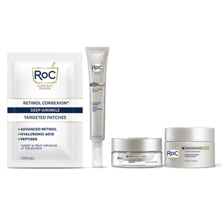 Derm Correxion Essentials skincare set includes Deep Wrinkle Targeted Patches, Fill + Treat Serum 15 ML, Contour Cream, Dual Eye Cream