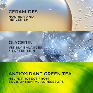 ceramides nourish and replenish
glycerin visibly balances + soften skin
antioxidant green tea helps protect from environmental agressors