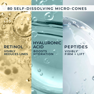 80 self-dissolving micro-cones
retinol visibly reduces lines
hyaluronic acid boosts hydration
peptides visibly firm + lift