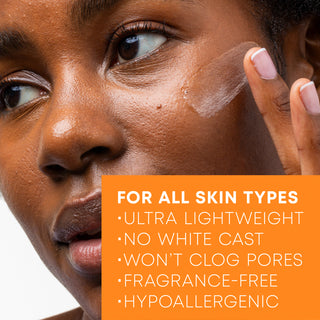 For All Skin Types. Ultra Lightweight, No White Cast, Won't Clog Pores, Fragrance-Free, Hypoallergenic