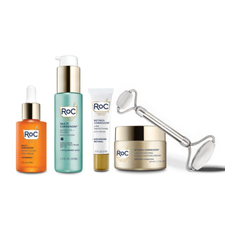 Best of RoC AM & PM Routine - Image of 4 products and stainless steal facial roller