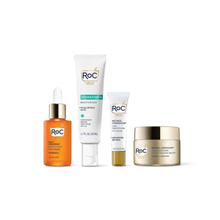 Best of RoC AM & PM Routine - Image of included products (Revive + Glow Daily Serum, Hydration+ Moisturizer SPF30, Line Smoothing Eye Cream, and Line Smoothing Max Hydration Moisturizer.