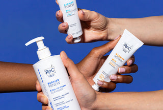 Friends' hands holding Barrier Renew Cleanser, AM Moisturizer, and PM Moisturizer