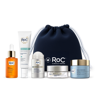 RoC skincare products (Revive + Glow Daily Serum, Hydration+ Moisturizer SPF, Derm Correxion Firming Serum Stick, Derm Correxion Dual Eye Cream, Firm + Lift Anti-Sagging Cream) with a navy holiday cosmetic bag on a white background