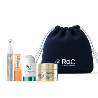 RoC skincare products (Derm Correxion Eye Repair Dark Circle Cream, Revive + Glow Eye Balm, Hydration+ Serum Stick, Deep Wrinkle Rich Cream) with a navy holiday cosmetic bag on a white background.