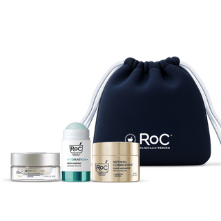 RoC skincare products (Derm Correxion Dual Eye Cream, Hydration+ Serum Stick, Deep Wrinkle Rich Cream) with a navy holiday cosmetic bag on a white background.