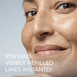 Hydration+ Moisturizer visibly refilled lines instantly 97% of the time. Pictured a person who has used the product.
