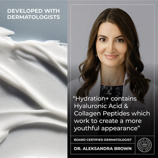 Hydration + Serum was developed with dermatologists. Board Certified dermatolgist Dr. Aleksandra Brown says, "Hydration+ contains Hyaluronic Acid & Collagen Peptides which work to create a more youthful appearance." Pictured is a swatch of the product as well as Dr. Aleksandra Brown.