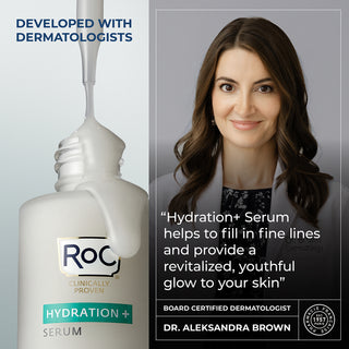 Hydration + Serum was developed with dermatologists. Board Certified dermatolgist Dr. Aleksandra Brown says, "Hydration+ Serum helps to fill in fine lines and provide a revitalized, youthful glow to your skin" Pictured is a stylised image showing bottle, dropper, and product as well as Dr. Aleksandra Brown.