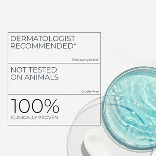 Dermatologist Recommend* *Anti-Aging Brand.  100% Clinically Proven.Not Tested on Animals.
Shown next to petri dishes of product swatches and ingredients.
