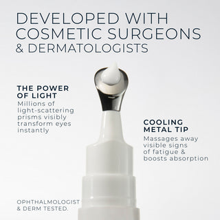 Derm Correxion Eye Repair Dark Circle Cream tip with cream
developed with cosmetic surgeons & dermatologists. the powr of light- millions of light-scattering prisms visilbly transform eyes instantly.
cooling metal tip massages away visible signs of fatigue & boosts absorption