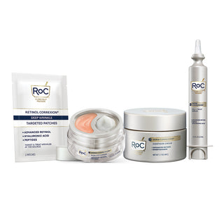 Derm Correxion Essentials skincare set includes Deep Wrinkle Targeted Patches, Fill + Treat Serum 15 ML, Contour Cream,  and Dual Eye Cream