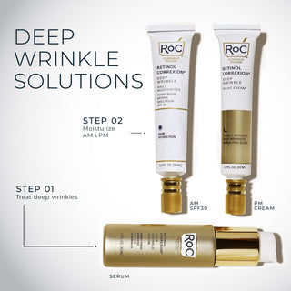 deep wrinkle solutions
step 01 treat deep wrinkles
step 02 moisturize am & pm