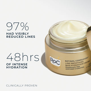 stylized photo of retinol correxion line smoothing max hydration cream fragrance free
97% had visibly reduce lines
48hrs of intense hydration
clinically proven