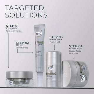 targets solutions
step 01: eye cream target eye area
step 02: serum fill wrinkles
step 03: serum stick firm + lift
step 04 moisturizer shape facial contours