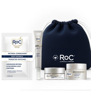 RoC skincare products (Deep wrinkle targeted patches, derm correxion fill + treat SERUM, derm correxion dual EYE cream, derm correxion contour cream) with a navy holiday cosmetic bag on a white background