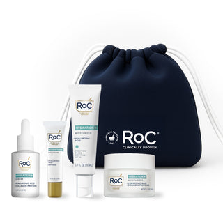 RoC skincare products (Hydration+ SERUM, Hydration+ EYE cream, Hydration+ MOISTURIZER SPF, Hydration+ MOISTURIZER) with a navy holiday cosmetic bag on a white background