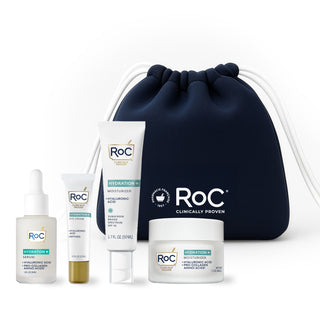 RoC skincare products (Hydration+ SERUM, Hydration+ EYE cream, Hydration+ MOISTURIZER SPF, Hydration+ MOISTURIZER) with a navy holiday cosmetic bag on a white background