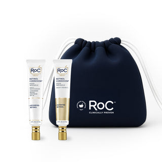RoC skincare products (deep wrinkle+ MOISTURIZER SPF, deep wrinkle night cream) with a navy holiday cosmetic bag on a white background
