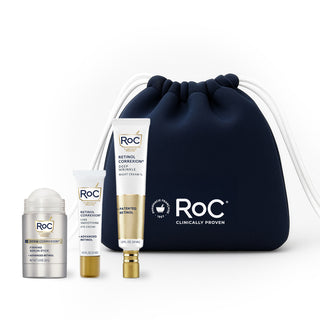 RoC skincare products (line smoothing EYE cream, derm correxion firming serum stick, deep wrinkle night cream) with a navy holiday cosmetic bag on a white background