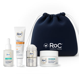 RoC skincare products (Hydration+ Serum, Revive + Glow Moisturizer SPF, Derm Correxion Firming Serum Stick, Hydration+ Moisturizer) with a navy holiday cosmetic bag on a white background