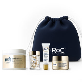 RoC skincare products (Line Smoothing Daily Cleansing Pads, Line Smoothing Night Serum Capsules, Line Smoothing Eye Cream, Line Smoothing Max Hydration Cream) with a navy holiday cosmetic bag on a white background