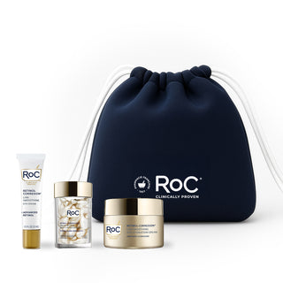 RoC skincare products (Line Smoothing Eye Cream, Line Smoothing Night Serum Capsules, Line Smoothing Max Hydration Cream) with a navy holiday cosmetic bag on a white background