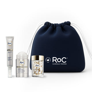 RoC skincare products (Derm Correxion Fill + Treat Serum, Derm Correxion Firming Serum Stick, Line Smoothing Night Serum Capsules) with a navy holiday cosmetic bag on a white background