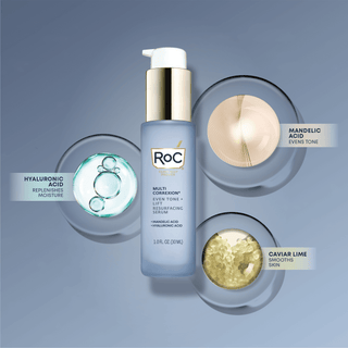 Image of MULTI CORREXION® Even Tone + Lift Resurfacing Serum bottle with 3 glass petri dishes to show key ingredients hyaluronic acid, mandelic acid, and caviar lime.