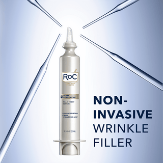 Stylized image of DERM CORREXION® Fill + Treat Serum with glass pipettes. Non-invasive wrinkle filler