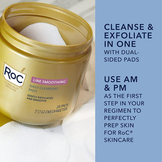 Cleanse & exfoliate in one with dual-sided pads. Use AM & PM as the first step in your routine to perfectly prep skin for RoC Skincare