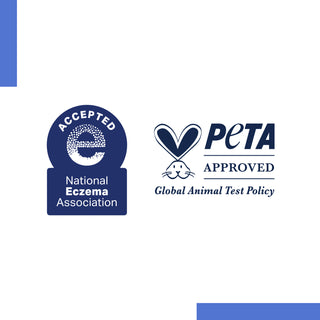 Image of logos of the National Eczema Association and PETA Global Animal Test Policy Approval