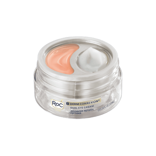 Image of Derm Correxion Dual Eye Cream jar showing the two separate pots of eye cream for the top (peach color) and the lower eye (white color) areas