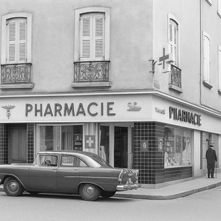 pharmacy des annees with a classic car parked in front, black and white photo.