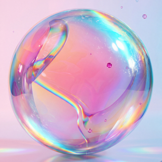 A large iridescent soap bubble floating against a soft pastel pink and blue gradient background. The bubble has a holographic rainbow sheen with pink, purple, blue, and green tones, and a few small floating droplets are visible around it.