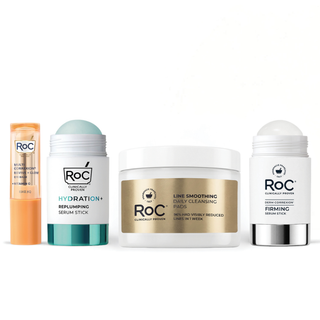 RoC skincare products (Revive + Glow Eye Balm, Hydration+ Serum Stick, Line Smoothing Daily Cleansing Pads, Derm Correxion Firming Serum Stick)