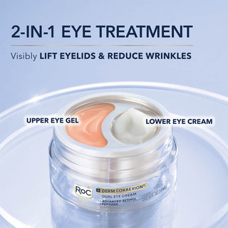 2-in-1 Eye Treatment. Visibly lift eyelids and reduce wrinkles. Image of Derm Correxion Dual Eye Cream jar showing the two separate pots of eye cream for the top (peach color) and the lower eye (white color) areas