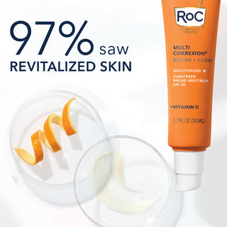 97% saw revitalized skin with MULTI CORREXION® Revive + Glow Moisturizer SPF 30. Image of MULTI CORREXION® Revive + Glow Moisturizer SPF 30 tube with product swatch to show creamy consistency.
