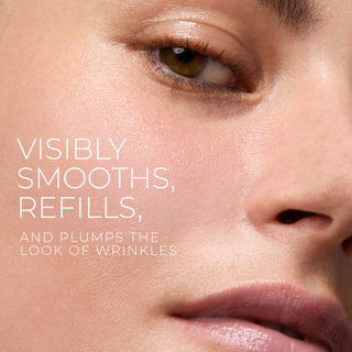 Close-up of a person's eye with text about skincare product effects