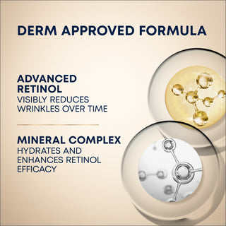 Derm approved formula. Advanced retinol: visibly reduces wrinkles over time. Mineral Complex: hydrates and enhances retinol efficacy