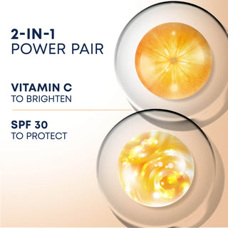 2-in-1 Power Pair - Vitamin C to brighten and SPF 30 to protect. Image of petri dishes with visual representations of Vitamin C and SPF30 in MULTI CORREXION® Revive + Glow Moisturizer SPF 30