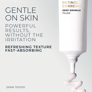A white cosmetic tube labeled 'RETINOL CORRECTION' and 'DEEP WRINKLE FILLER' with cream being dispensed onto a light gray background, alongside marketing text about gentle use and powerful results.