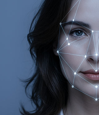 Woman's face with facial recognition technology overlay on a blue background