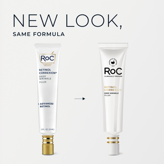 Two white tubes of RoC Retinol Correxion Deep Wrinkle Filler shown side by side on a light gray background, with the text 'NEW LOOK, SAME FORMULA' above. The left tube has a gold cap and the right tube has a white cap with gold bands.