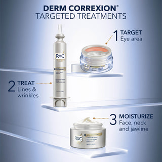 Image shows full Derm Correxion skincare routine included Derm Correxion Dual Eye Cream to target eye area, Derm Correxion Fill + Treat to spot treat lines and wrinkles, and Derm Correxion Contour Cream to moisturize face, neck, and jawline. 
