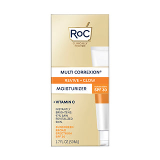 Image of outer box of MULTI CORREXION® Revive + Glow Moisturizer SPF 30. New packaging, same formula, with white coloring instead of orange.