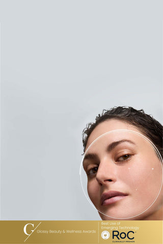 Woman's face with a close-up of her skin on a gray background with AI Scan over face
Glossy Beauty & Wellness Awards | Best Use of Emerging Technology | RoC Skincare Clinically Proven x Revieve | AI Skin Insight Unlocking Your Skin's True Age Technology