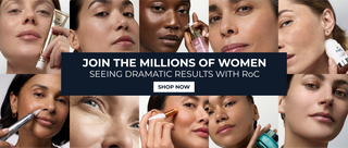 A promotional collage of multiple women's faces and hands demonstrating makeup application, with a large dark navy banner across the center reading 'JOIN THE MILLIONS OF WOMEN SEEING DRAMATIC RESULTS WITH ROC' and a white 'SHOP NOW' button.