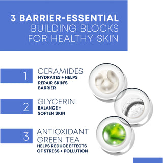 Infographic of 3 barrier-essential building blocks for health skin. Ceramides hydrate + help repair skin's barrier. Glycerin balances and softens skin. Antioxidant green tea helps reduce effects of stress + pollution,